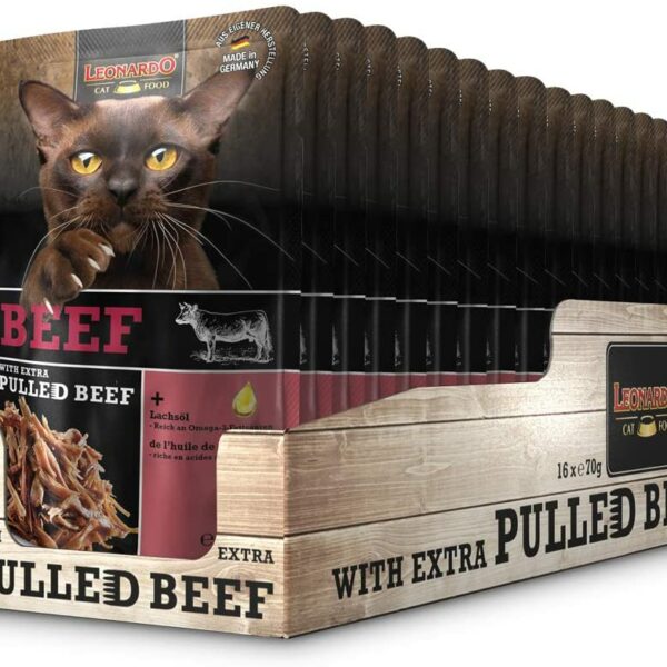 Leonardo Adult Pulled Beef Rind 16x70g für Katzen - mit hochwertigem Pulled Beef und Rind, ideal für gesunde und natürliche Ernährung. Jetzt bei barf-versand.ch erhältlich.