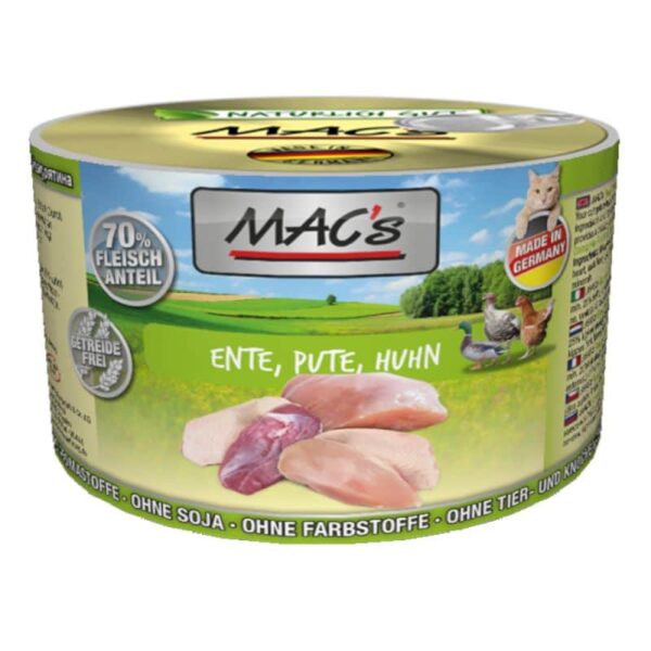 MAC’s Cat Ente, Pute & Huhn 200g für Katzen - mit hochwertigem Geflügelfleisch, ideal für gesunde und natürliche Ernährung. Jetzt bei barf-versand.ch erhältlich.
